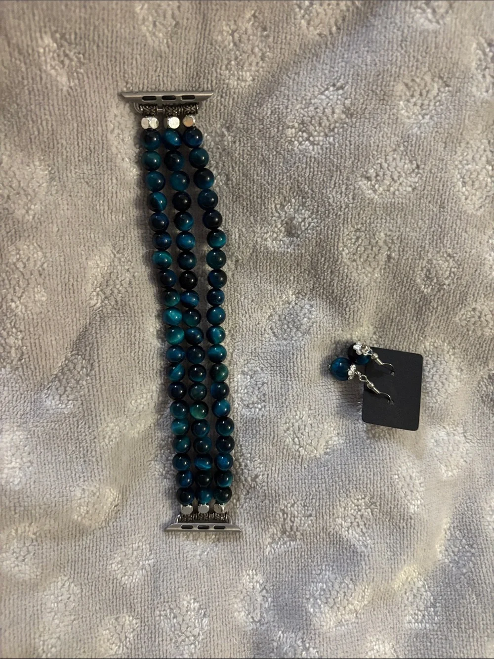 Blue Tiger EyeBeaded Triple-Strand Apple Watch Band w/ Matching Earrings